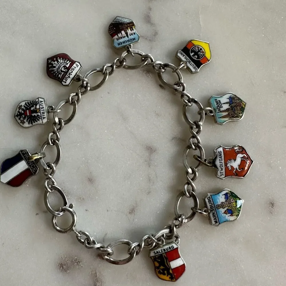 Vintage Sterling Silver Travel Charm Bracelet European City & Country Ch…